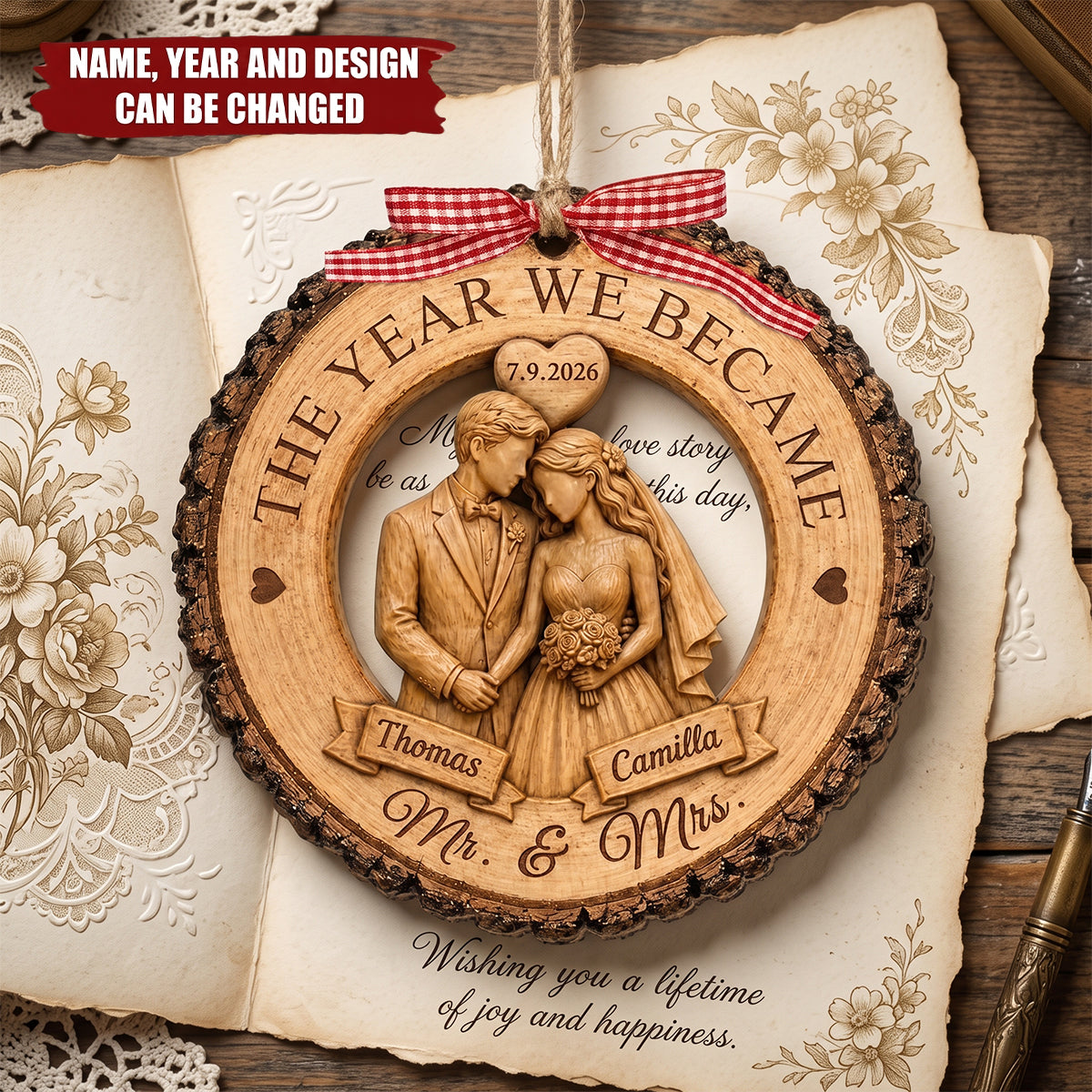 Personalized Couple Wedding Anniversary Ornament, First Christmas Wood Ornament, The Year We Becam Mr Mrs Ornament