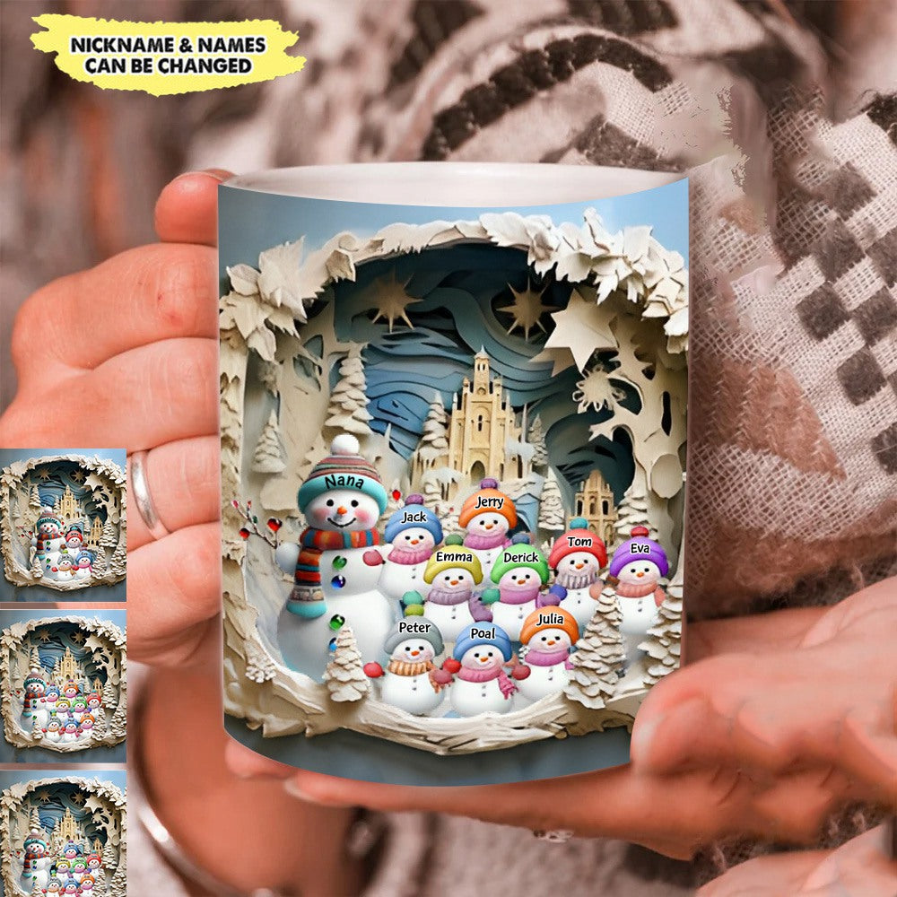 3D Inflated Blue Christmas Grandma Snowman With Little Snowman Kids Personalized Mug