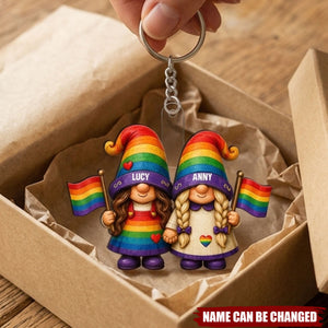 Love Is Love Rainbow Gnome Couple - Personalized Keychain