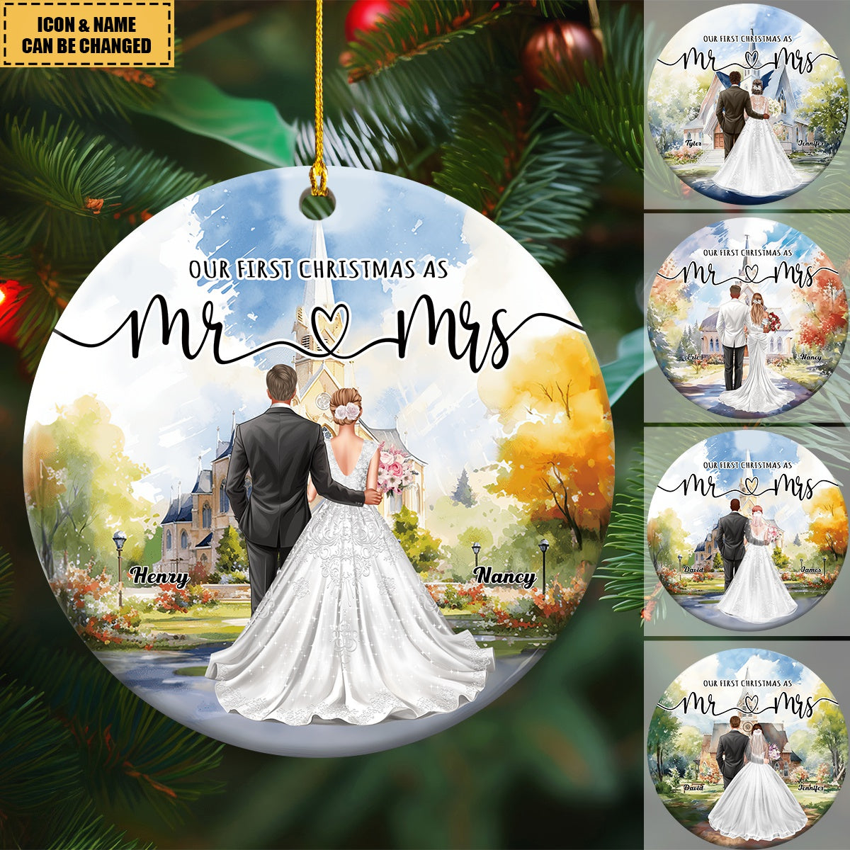 Our First Christmas As Mr Mrs - Personalized Ceramic Ornament - Gift For Bride, Bridegroom