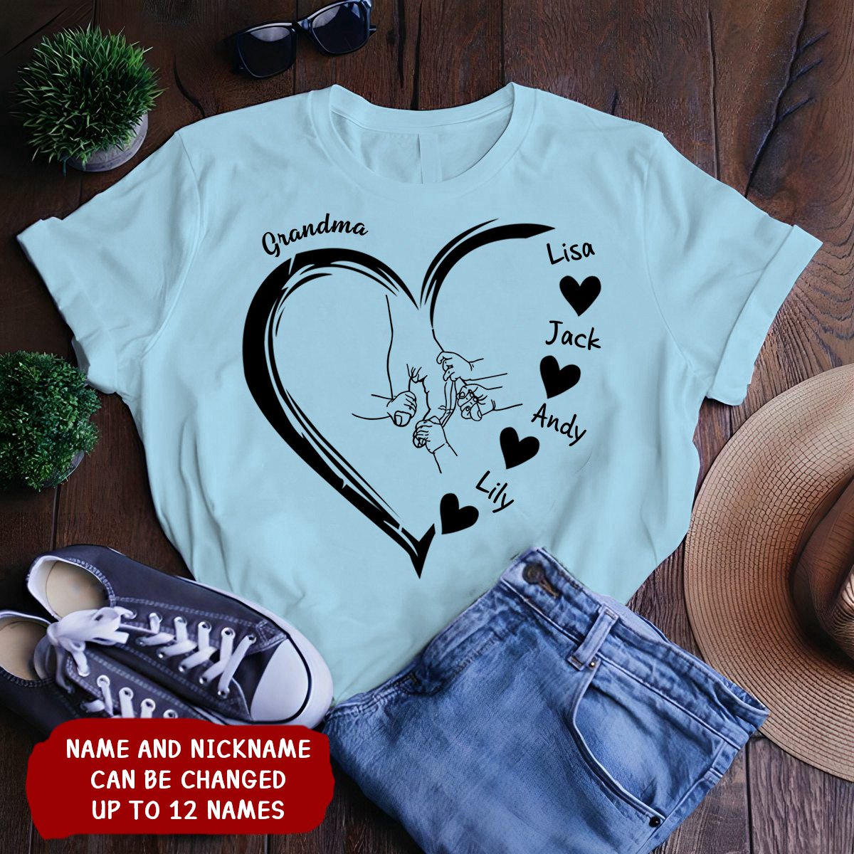 Personalized Grandma Mama And Kid Hands Heart Shirt