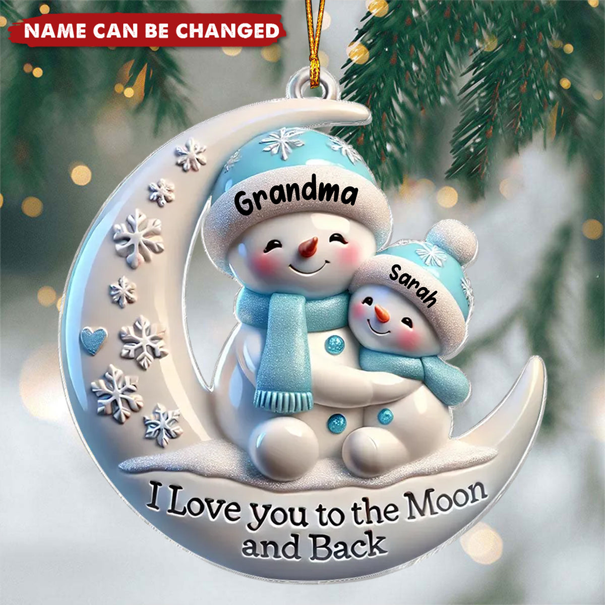 Snowmen Grandma & Hugging Grandkid On The Moon - Personalized Acrylic Flat Ornament