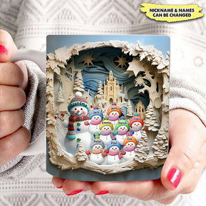 3D Inflated Blue Christmas Grandma Snowman With Little Snowman Kids Personalized Mug