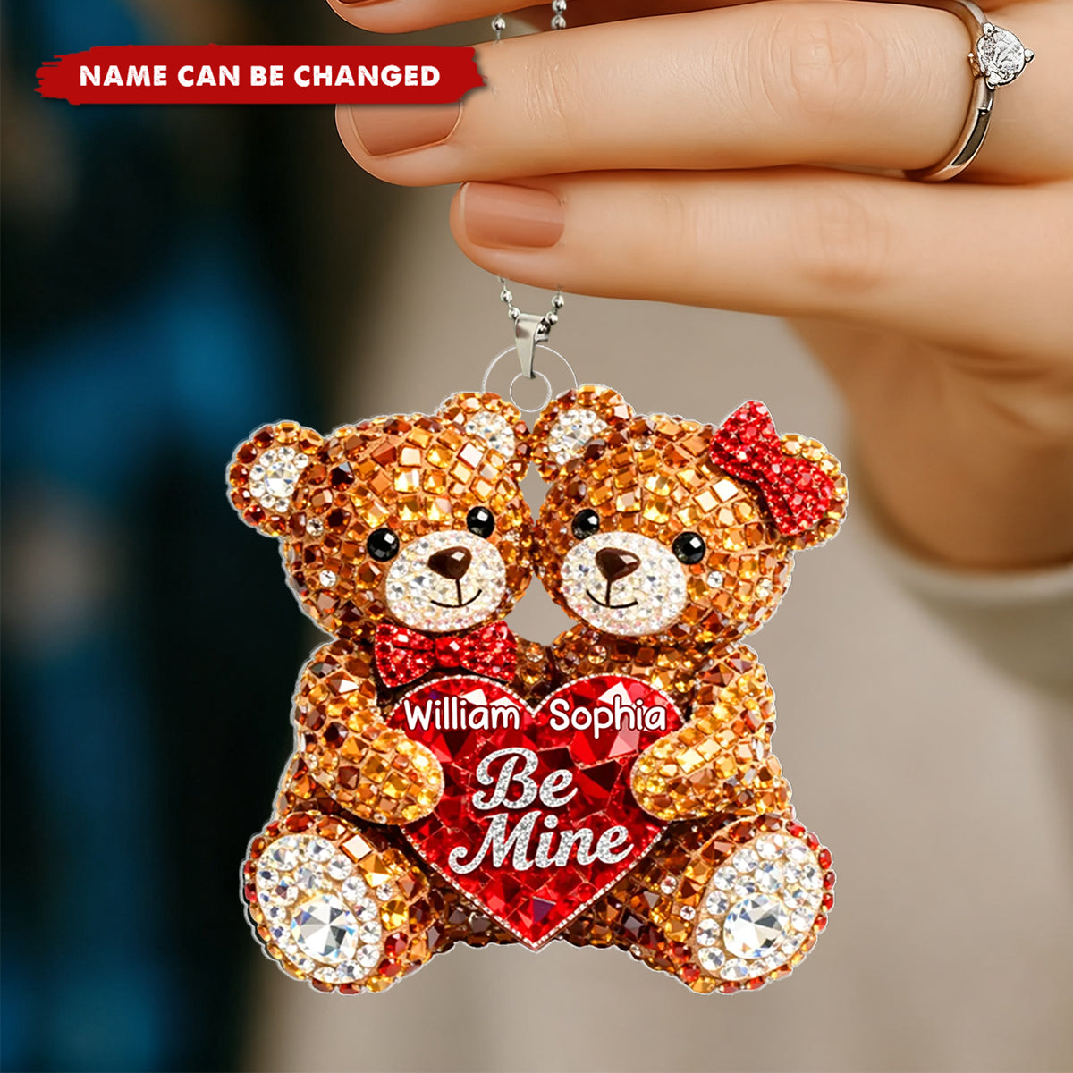 3D Effect Rhinestones Bear Couple - Personalized Acrylic Car Hanging Ornament