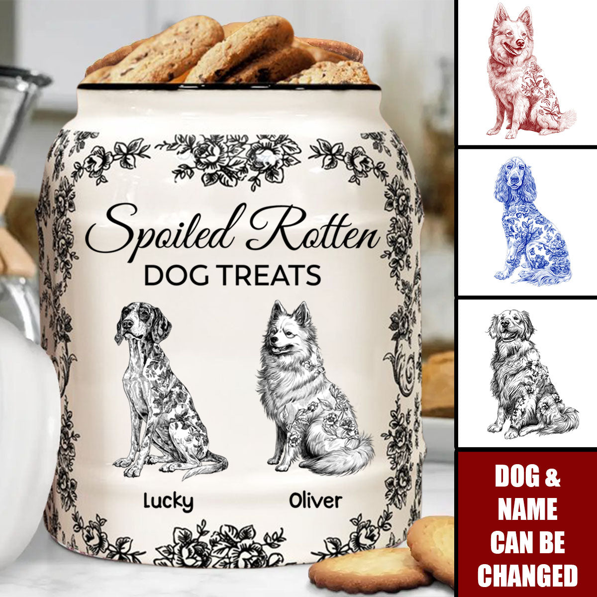 Spoiled Rotten Dog Treats Floral Toile De Jouy Chinoiserie - Personalized Cookie Jar