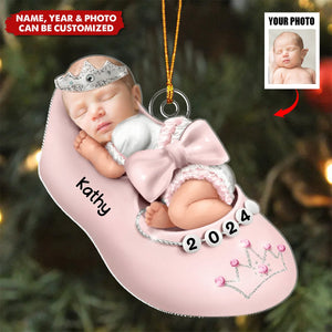 Custom Photo New Born Baby Sleep In Shoes Personalized Christmas Ornament