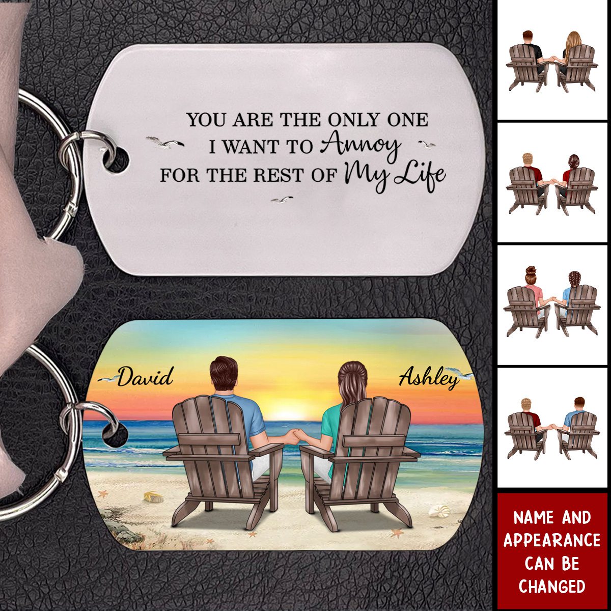 Retro Vintage Back View Couple Sitting Beach Landscape - Personalized Engraved Stainless Steel Keychain