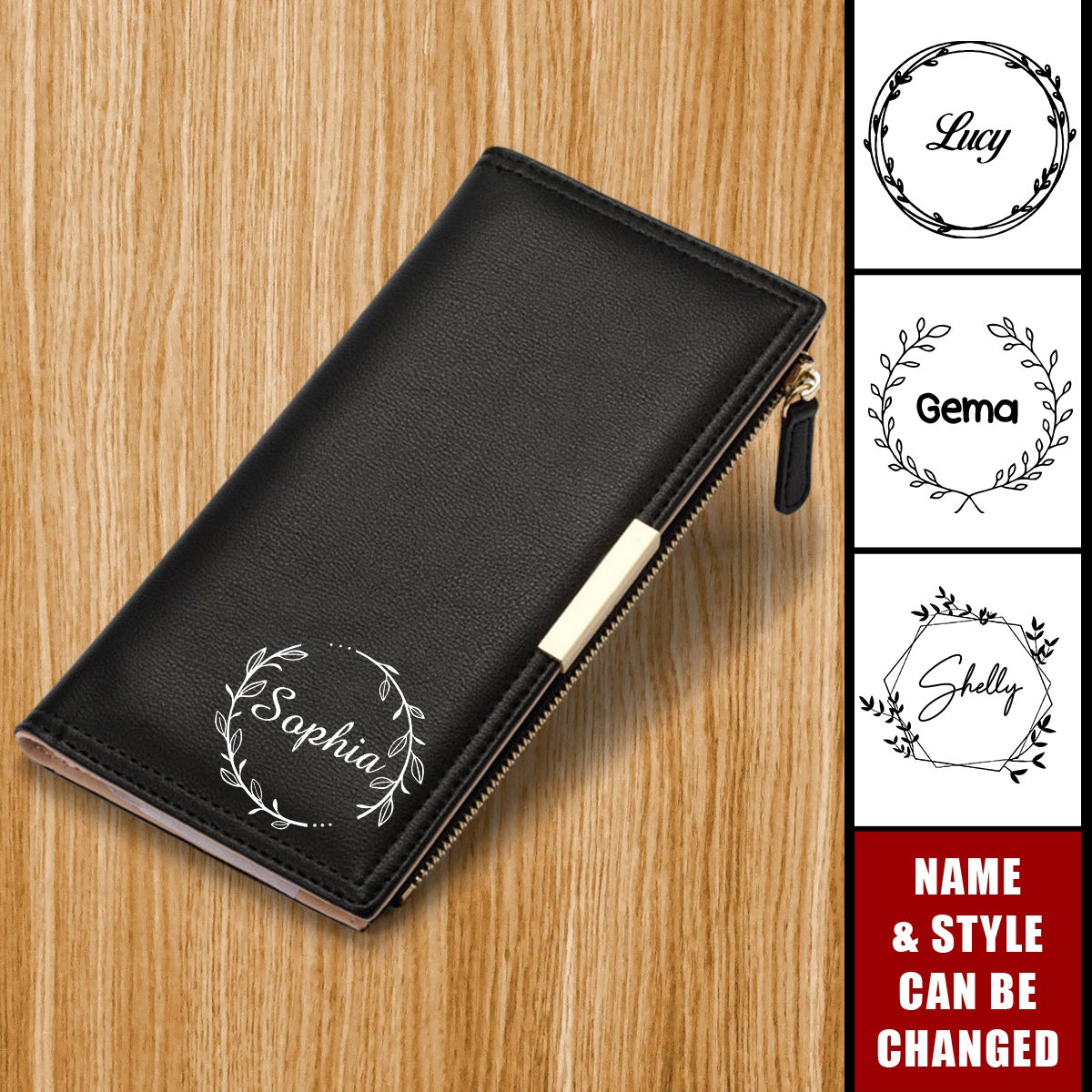 Zipper Magnetic Closure Double Fold Personalized Name Purse Wallet