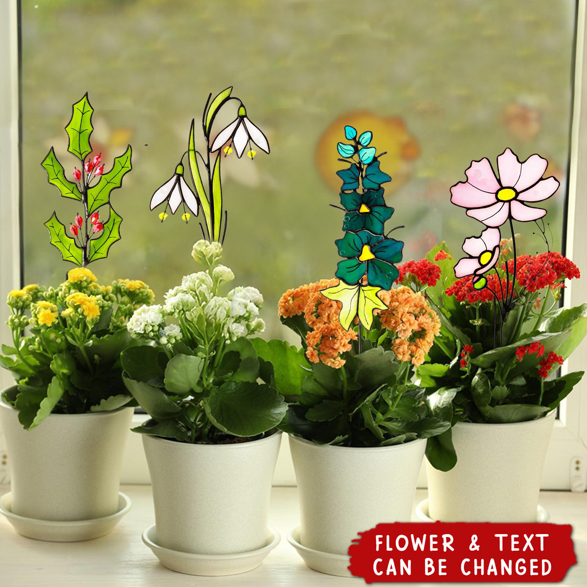 Personalized Stained Glass Birth Flower Plant Garden Stake Suncatcher
