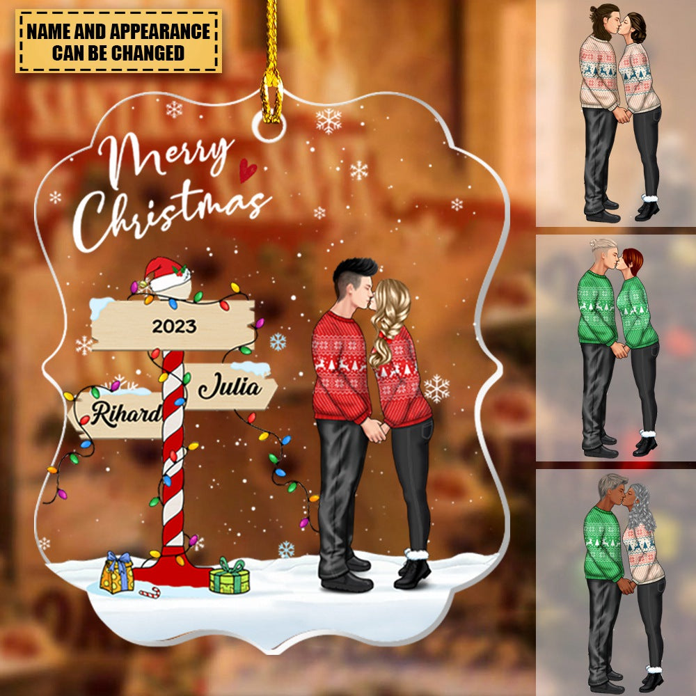 Sweetest Christmas Couple Hugging Kissing In The Snow Personalized Acrylic Christmas Ornament
