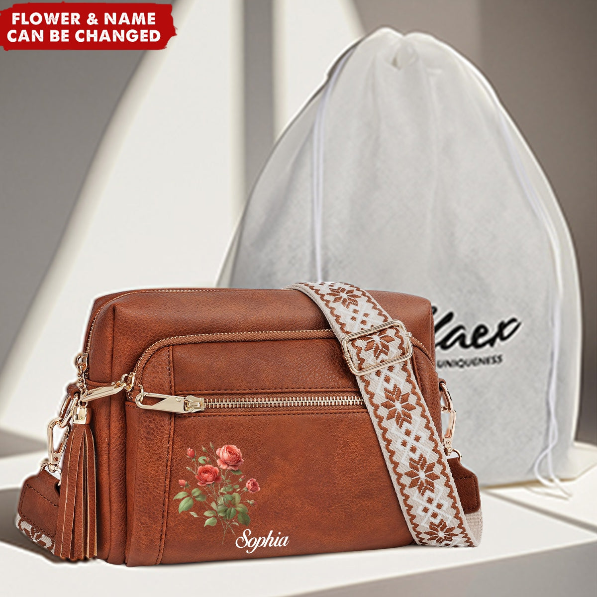 Personalized Birthday Flower Wide Strap Anti-thief Purse Shoulder Crossbody Bag