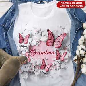 3D Effect Crack In A Wall Pink Butterflies Personalized 3D T-shirt Gift For Grandma/Mom