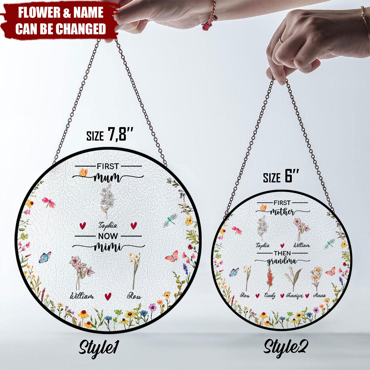 First Mom Now Grandma - Personalized Birth Flowers Stained Glass Suncatcher