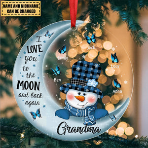 Cute Snowman Grandma Mom On Moon Little Butterfly Kids Personalized Ornament