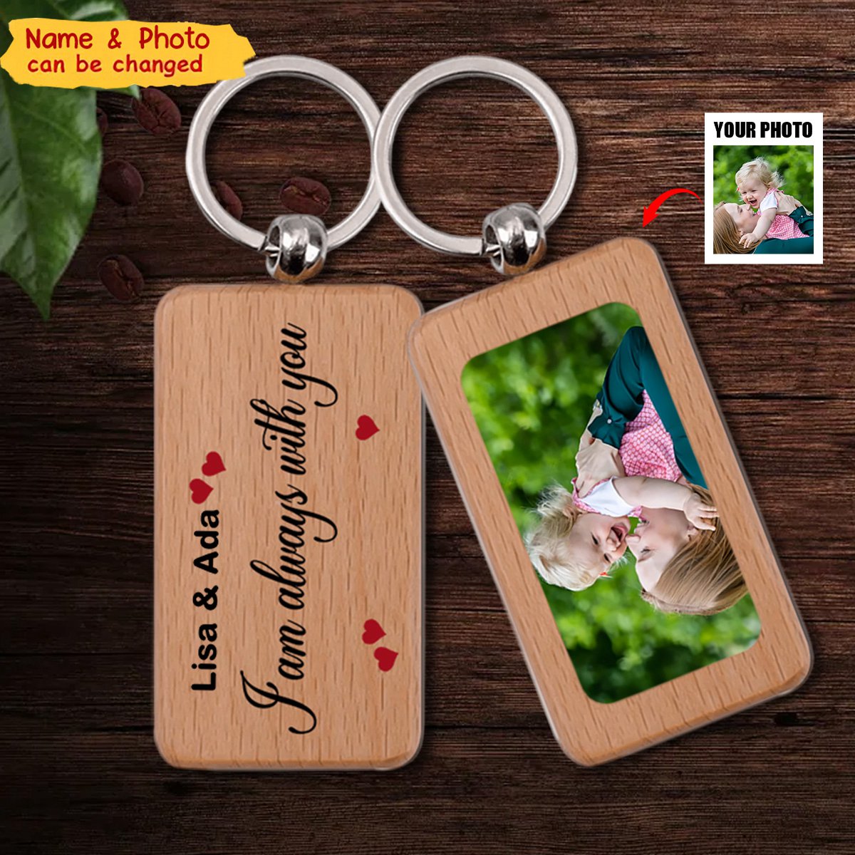 I Am Always With You, Custom Photo - Personalized 2 Sides Wooden Keychain - Gift For Family