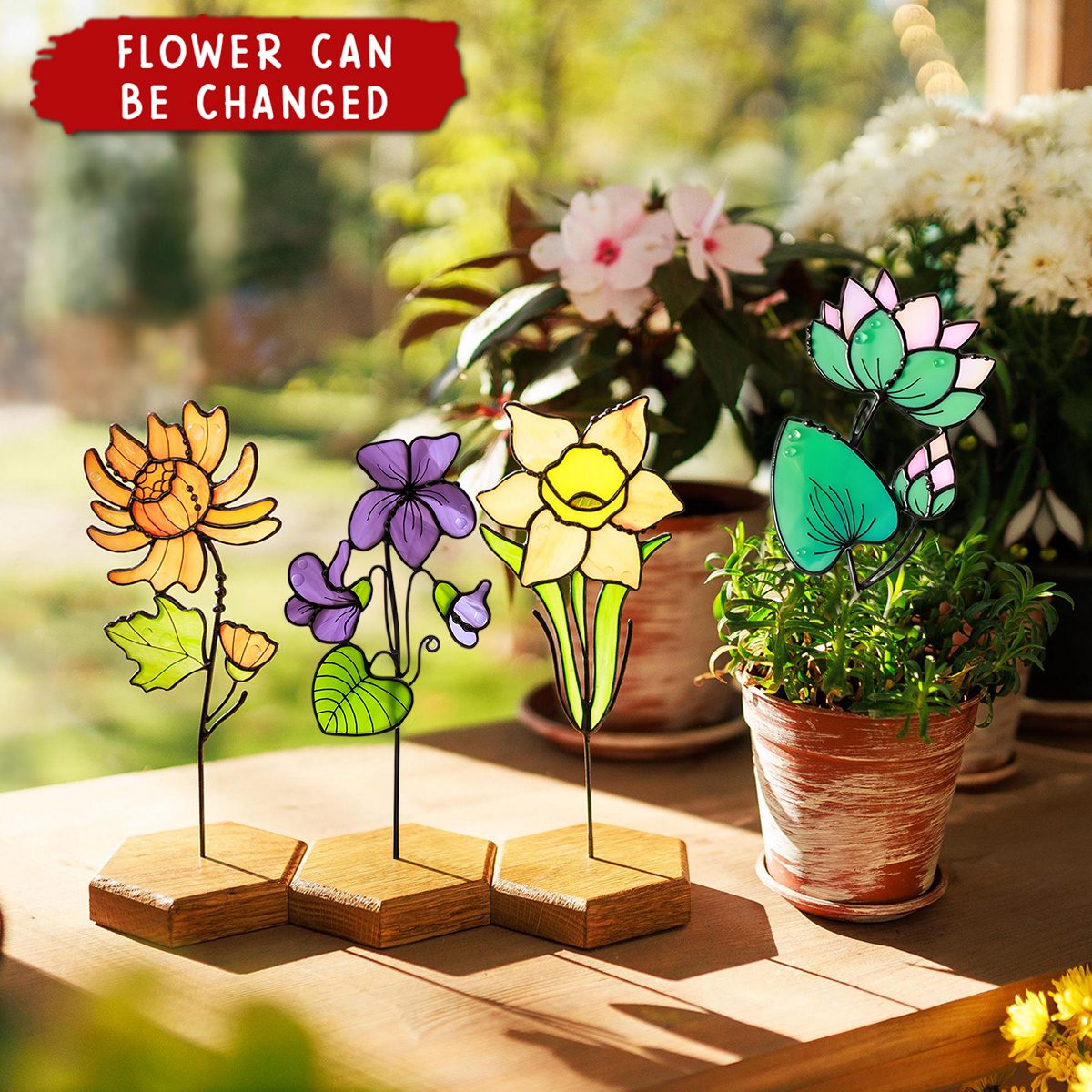 Personalized Stained Glass Birth Flower Plant Stake Garden Suncatcher