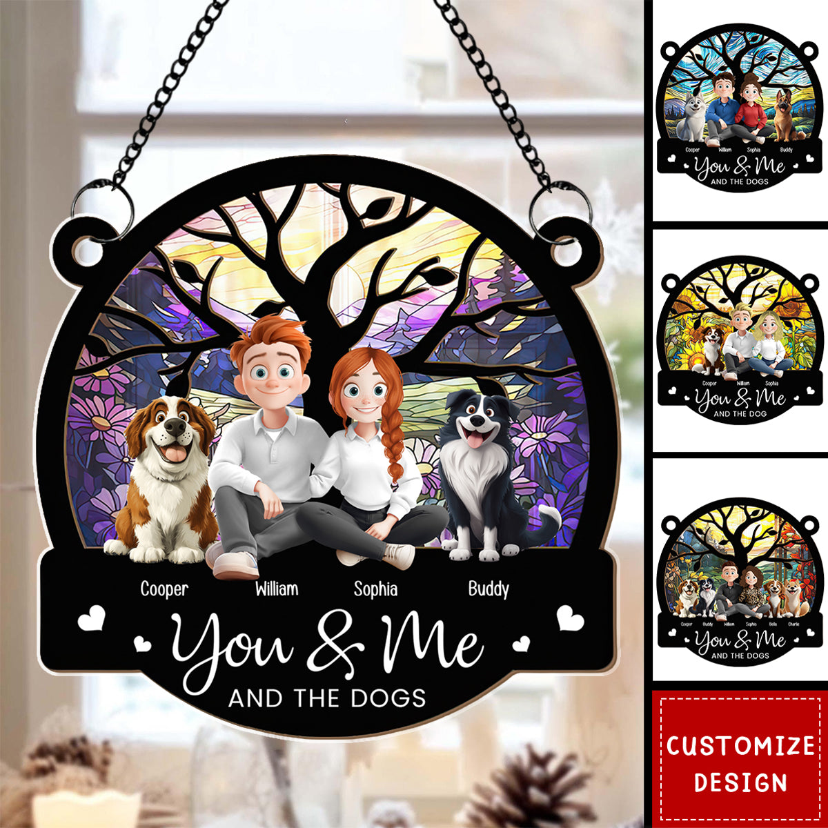 Cartoon Version You & Me And The Dogs - Personalized Window Hanging Suncatcher Ornament