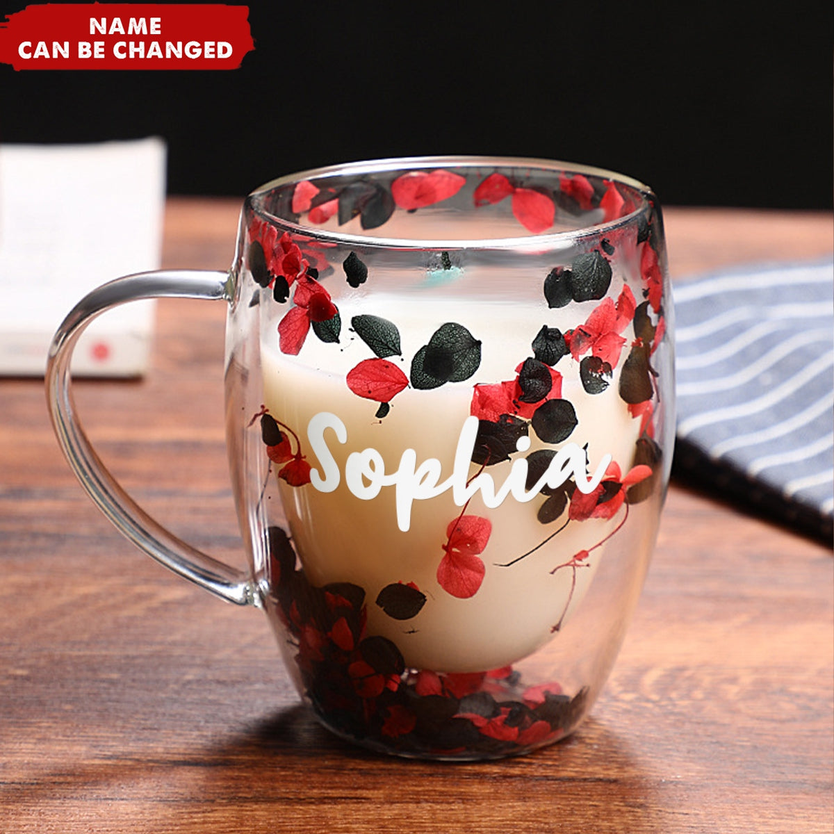 Insulated Heat Resistant Personalized Dried Flowers Double Wall Glass Coffee Mugs