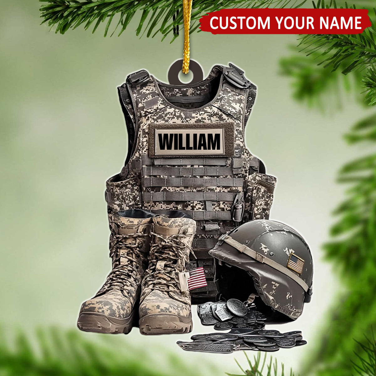 Veteran Boots & Helmet Uniform Personalized Ornament, Veteran Xmas Gift