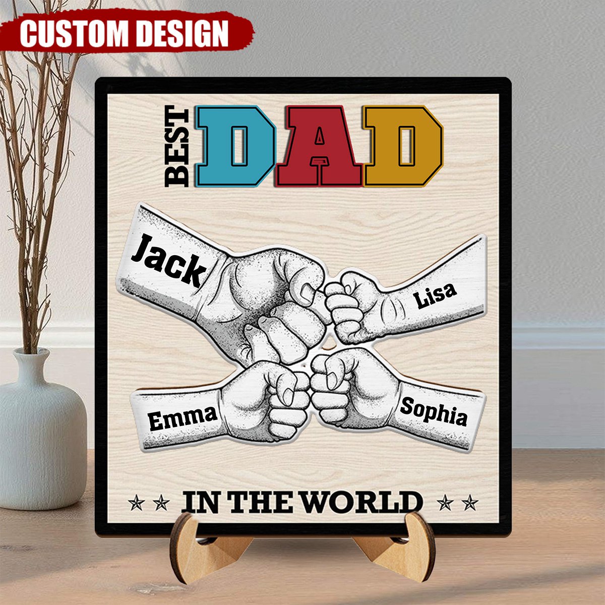 Best Dad Grandpa In The World - Gift For Father, Papa - Personalized 2-Layered Wooden Plaque With Stand