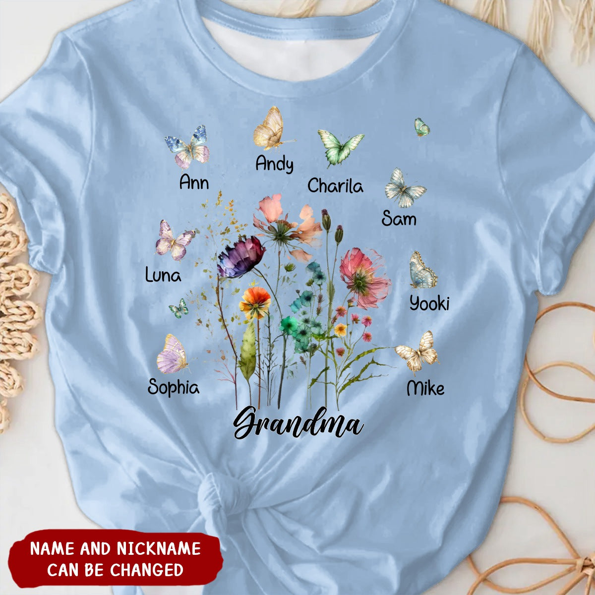 Grandma's Garden Comfort Color Flowers With Butterflies Personalized T-shirt
