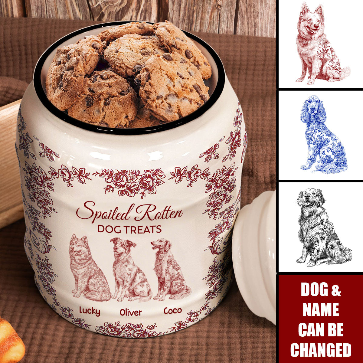 Spoiled Rotten Dog Treats Floral Toile De Jouy Chinoiserie - Personalized Cookie Jar
