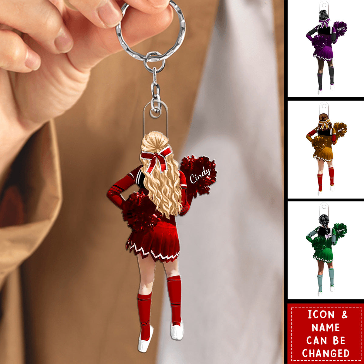 Personalized Cheerleading Pompom Girl Christmas Shaped Keychain