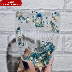 Personalized Insulated Layer Dried Flowers Double Wall Clear Glass Coffee Mugs