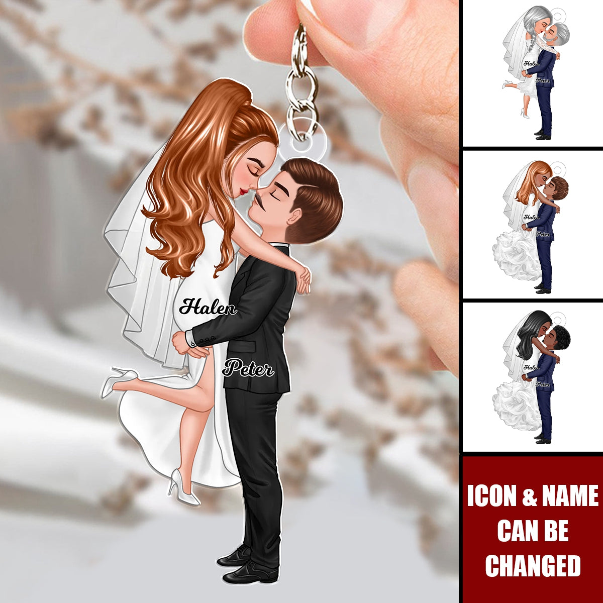 Groom & Bride Hugging Kissing Couple Acrylic Keychain, Anniversary Valentine Wedding Gift