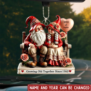 3D Effect Dwarf Old Couple Sitting On Bench Personalized Car Hanger Ornament, Valentine's Day Gift For Couple
