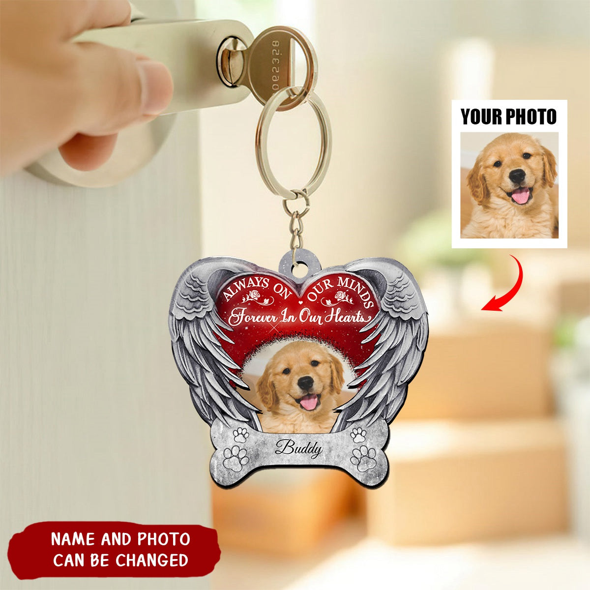 Personalized Memorial Dog Always On Our Minds Forever In Our Hearts Keychain
