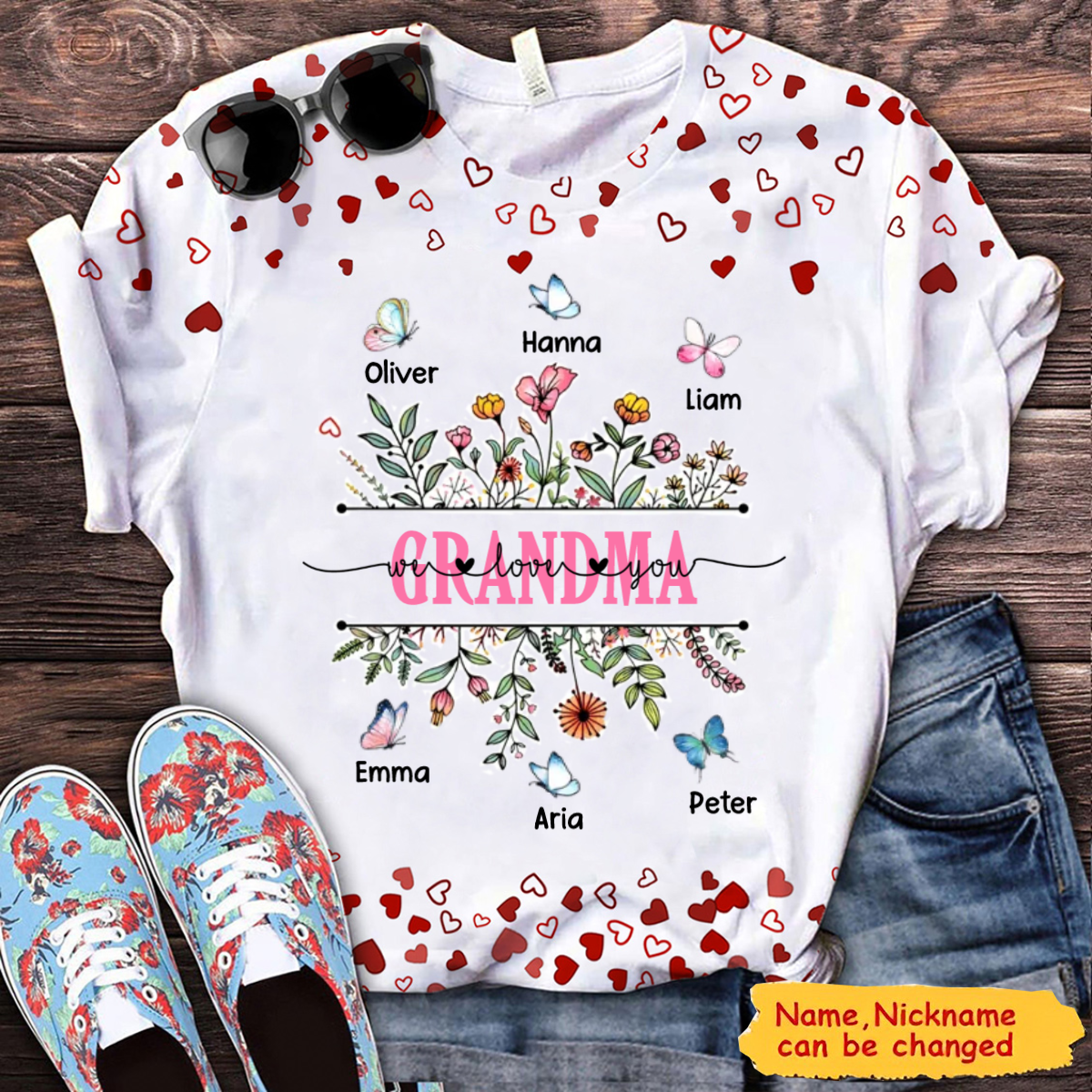 Beautiful Flower Grandma Auntie Mom Butterfly Kids Personalized T-shirt
