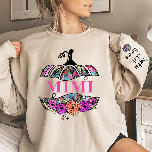 Personalized Mimi Painted Pumpkin And Grandkids Autumn Sweatshirt