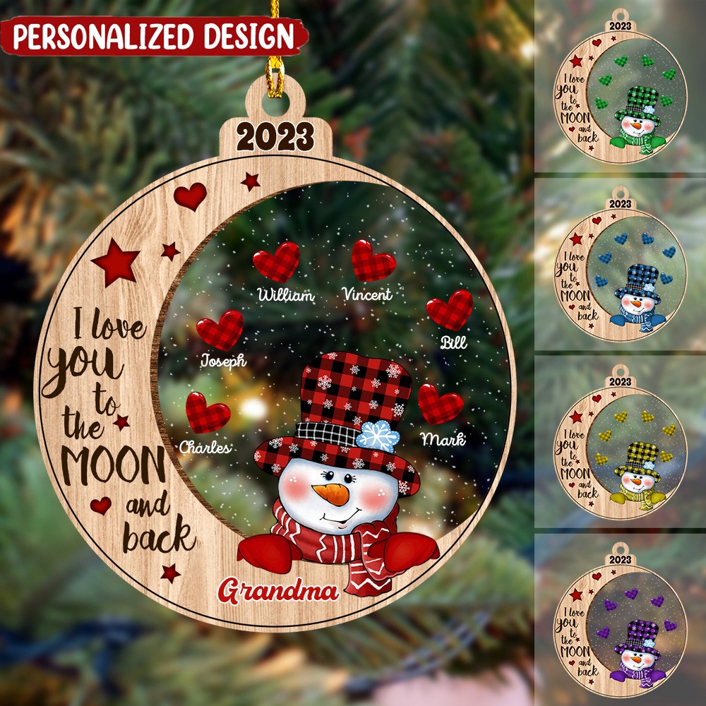 I Love You To The Moon And Back Grandma Snowman Love Checkered Pattern Heart Grandkids On Moon - Personalized Acrylic Christmas Ornament