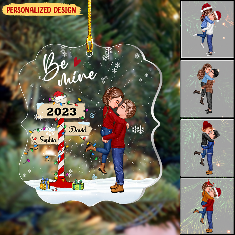 Winter Couple Hugging Kissing In The Snow Personalized Acrylic Christmas Ornament
