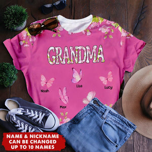 Pink Floral Nana Butterfly Kids Personalized 3D T-Shirt