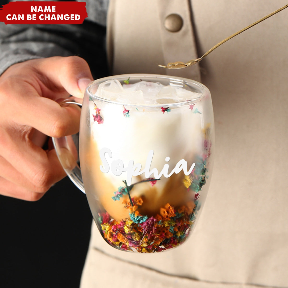 Insulated Heat Resistant Personalized Dried Flowers Double Wall Glass Coffee Mugs