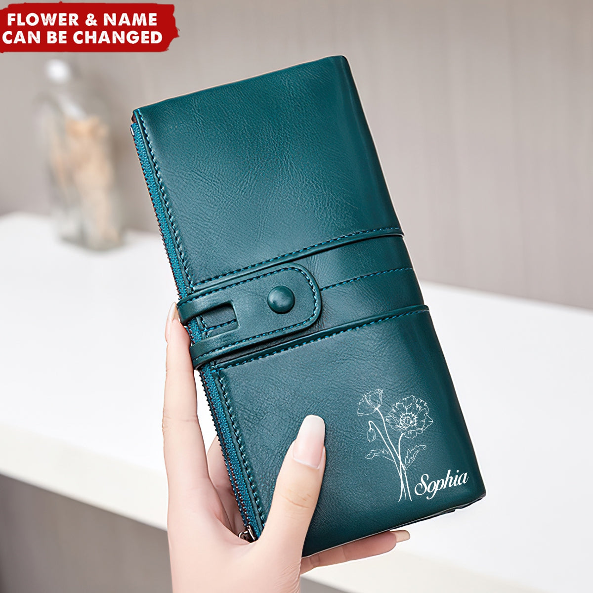 Multi-Card Bit Double Zipper Personalized Birthday Flower Clutch Purse Wallet