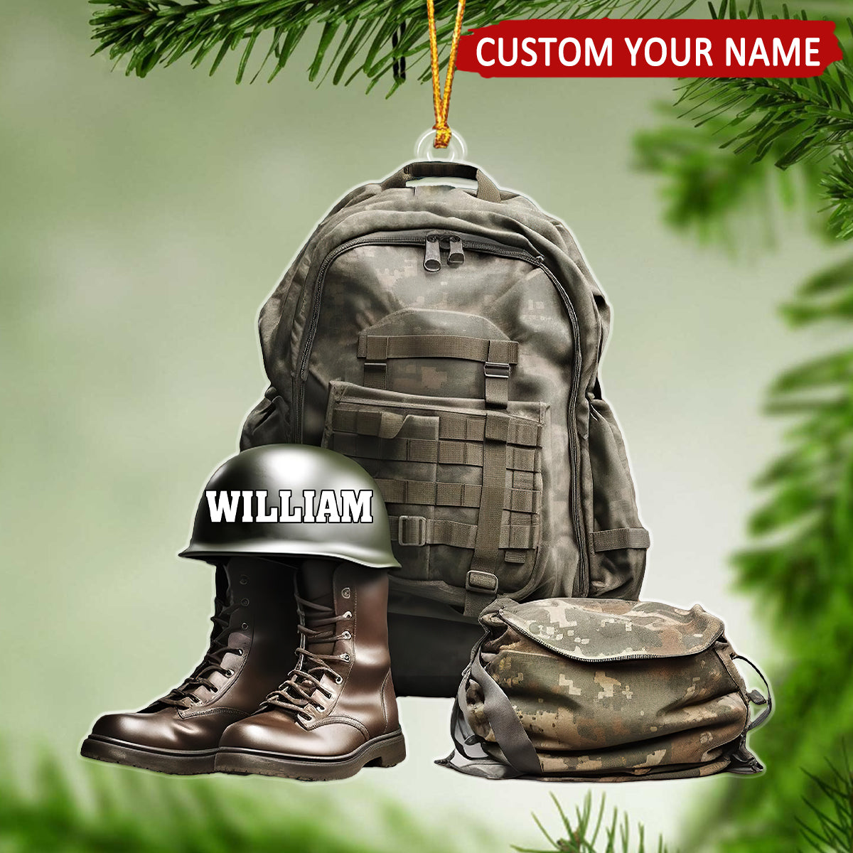 Military Uniform Veteran Boots Helmet Bag Personalized Ornament