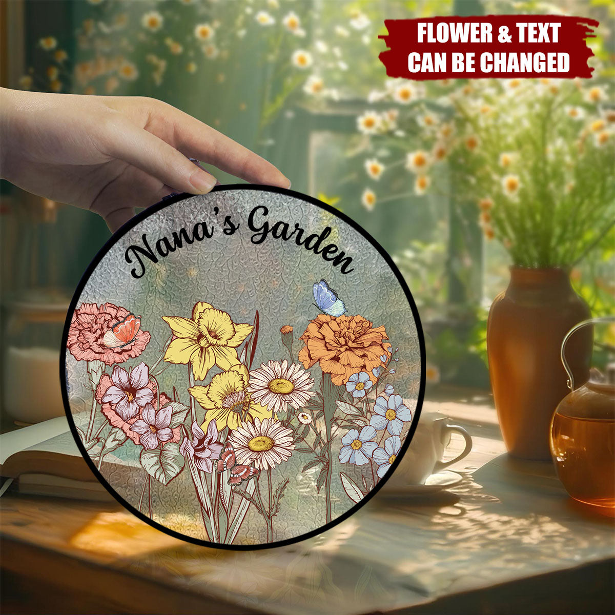 Personalized Grandma Garden Family Birth Flowers Glass Suncatcher