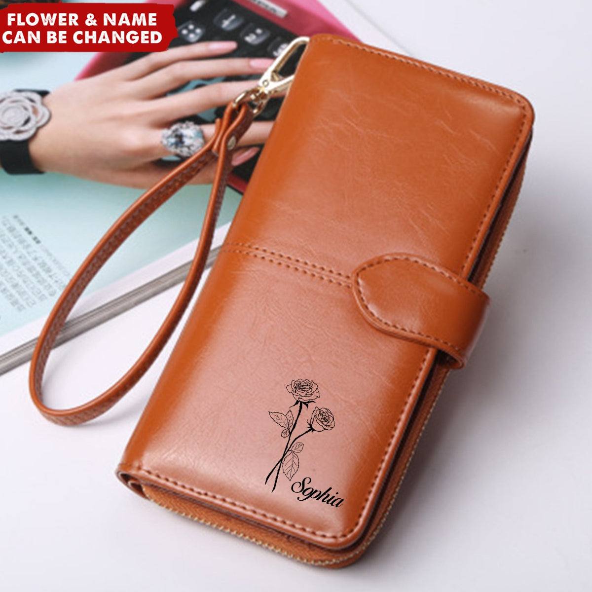 Personalized Birthday Flower Zipper Leather Wristlet Wallet