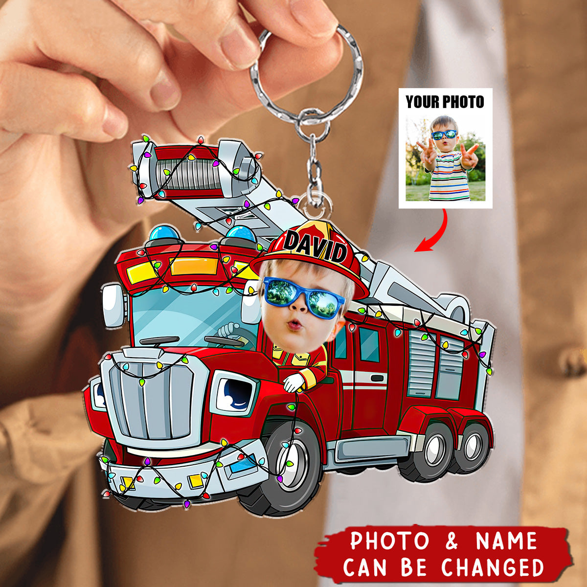 Funny Fire Truck Custom Kid Face - Personalized Acrylic Photo Keychain