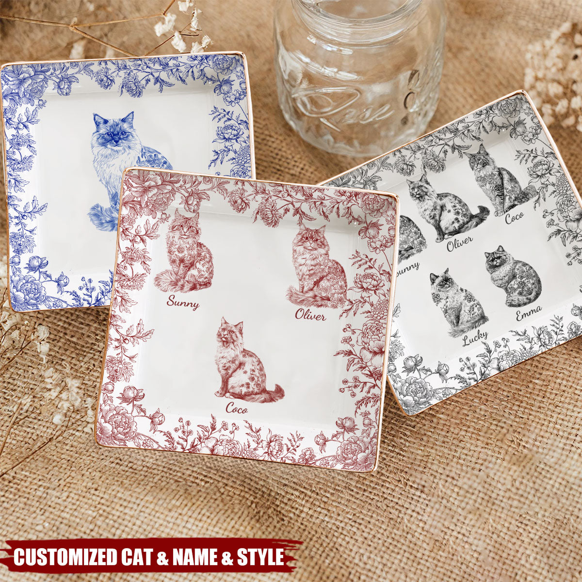 Cat Lover Chinoiserie Toile De Jouy Style - Personalized Jewelry Dish
