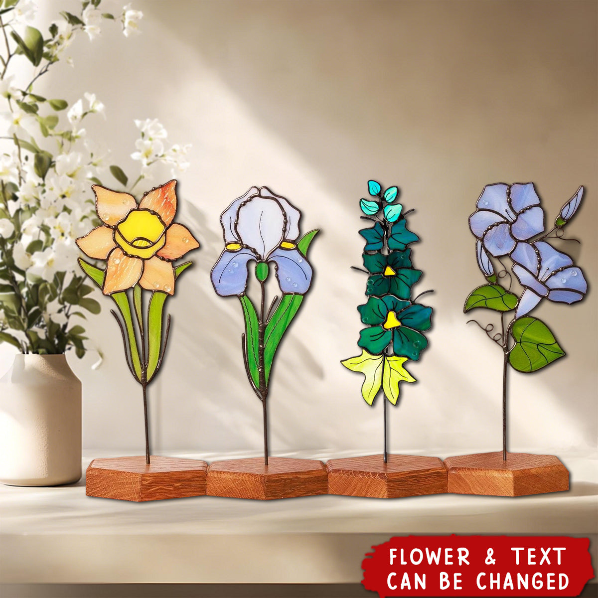Personalized Stained Glass Birth Flower Plant Garden Stake Suncatcher