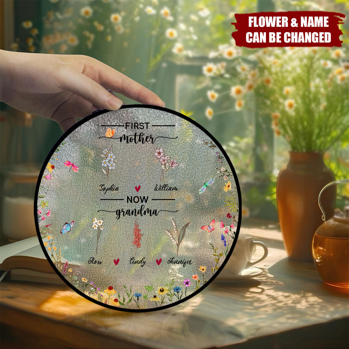 First Mom Now Grandma - Personalized Birth Flowers Stained Glass Suncatcher