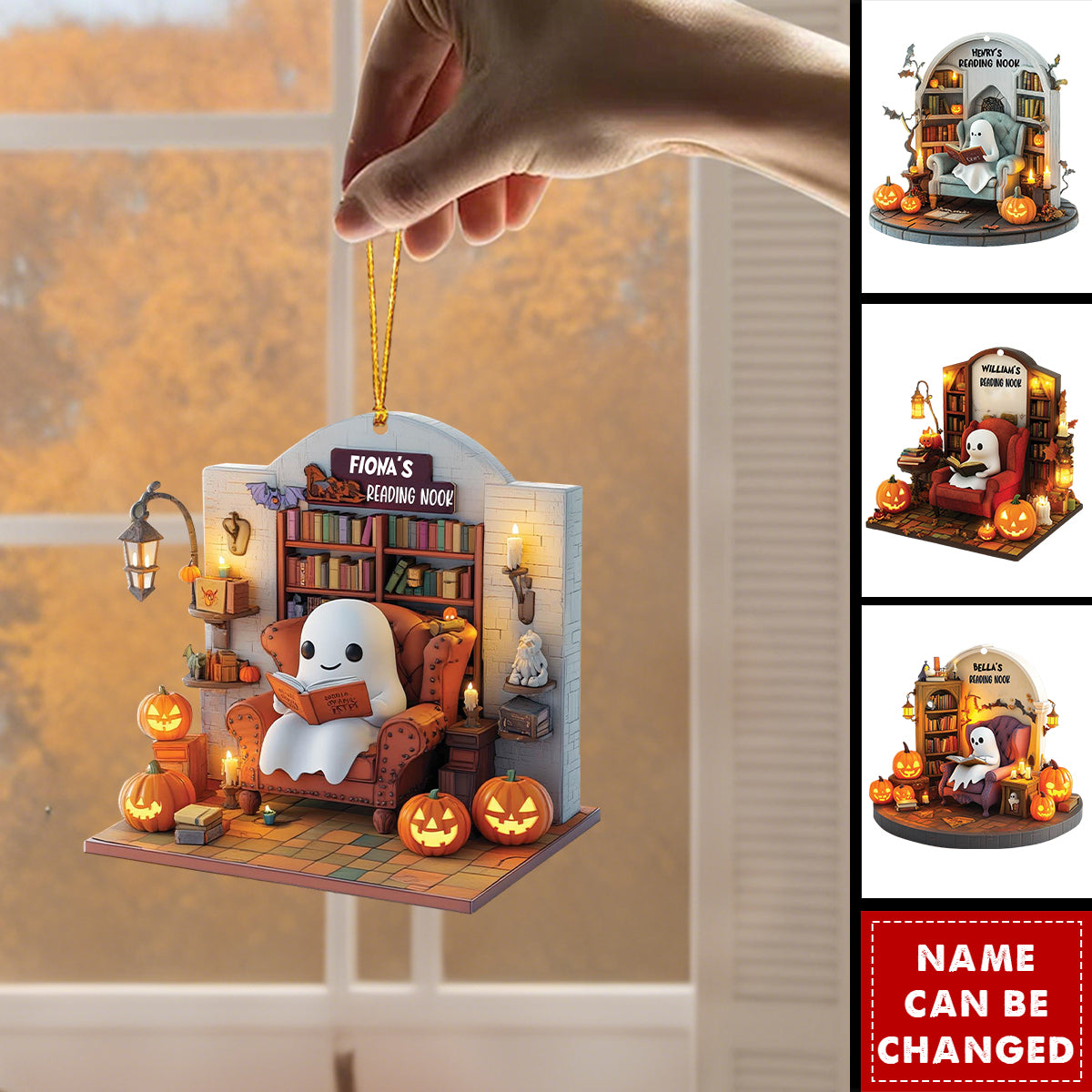 Personalized Halloween Ornament, Ghost Reading Nook