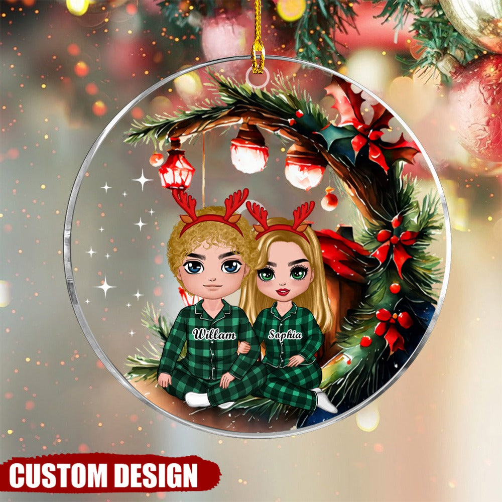 Red Tree House - Christmas Doll Couple Sitting Hugging Personalized Custom Ornament