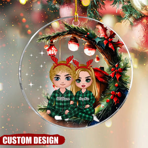 Red Tree House - Christmas Doll Couple Sitting Hugging Personalized Custom Ornament