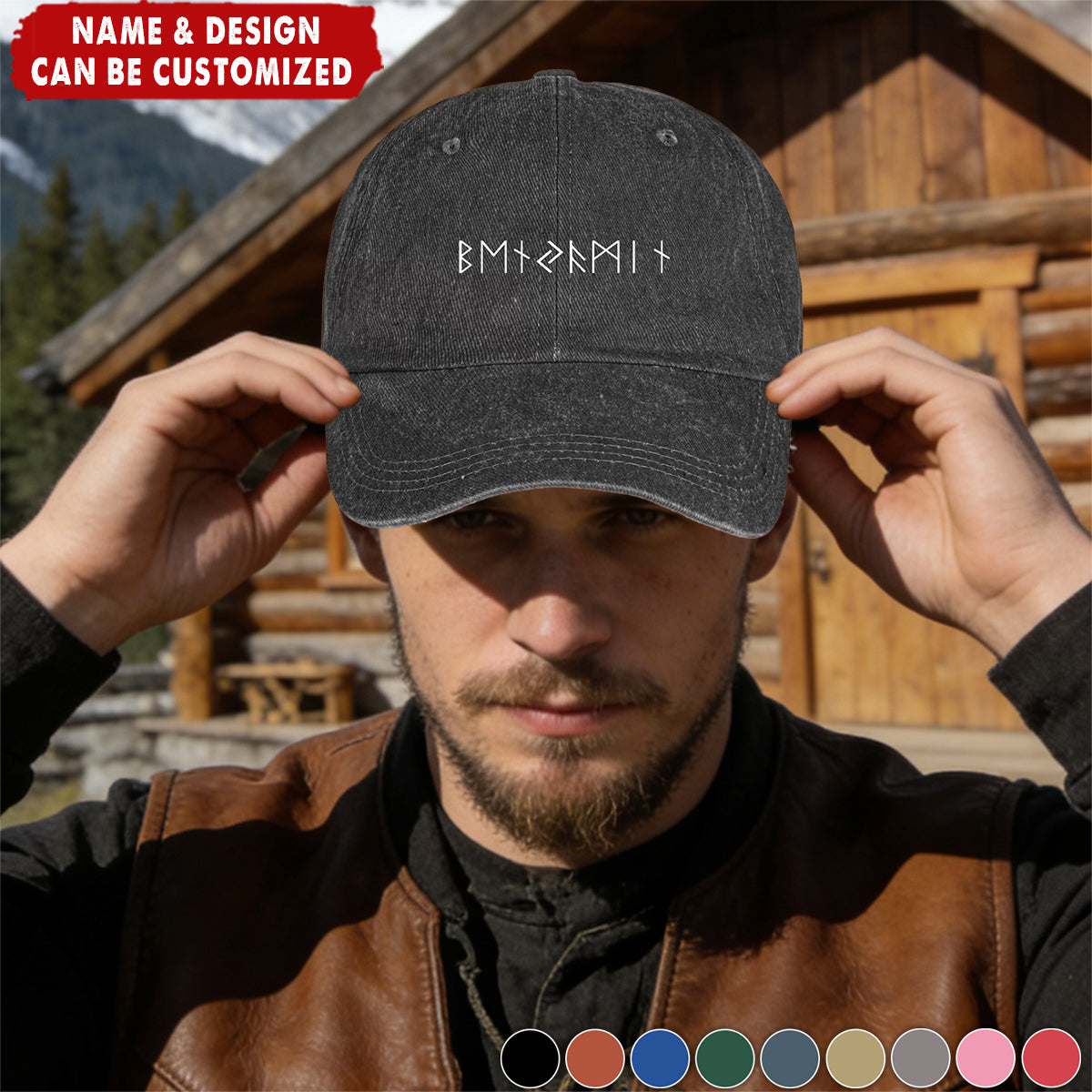 Name In Runes Viking - Personalized Distressed Denim Cap