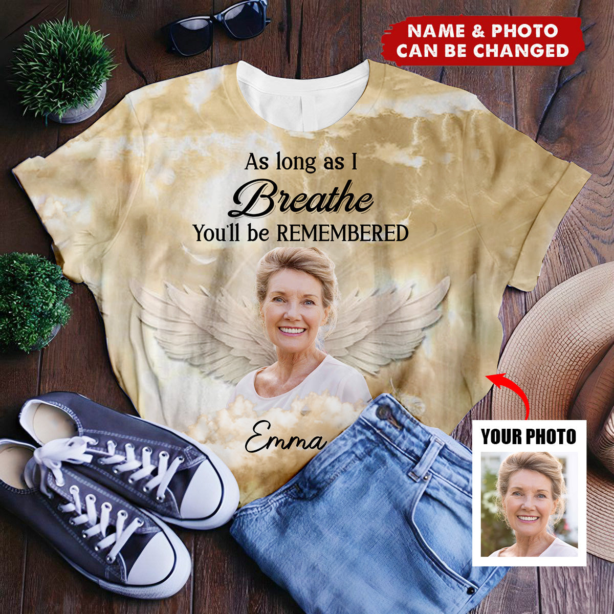 Sparkling Memorial Upload Photo Angel Wings, A Big Piece Of My Heart Lives In Heaven Personalized 3D T-shirt